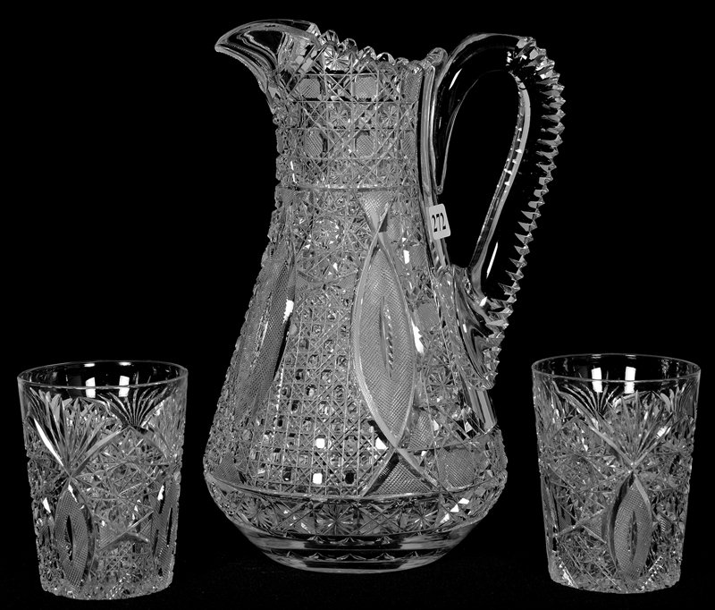 WATER JUG & (2) TUMBLERS - PROPELLER PATTERN SOLD BY: WATER JUG & (2) TUMBLERS - PROPELLER PATTERN SOLD BY MARSHALL FIELD JUG IS 10 1/4" X 6 1/2" - (2) MATCHING 4" TUMBLERS