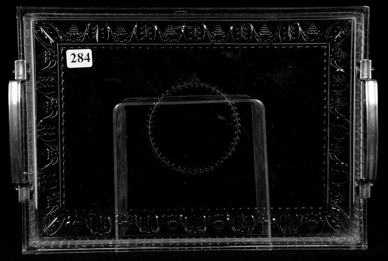 TRAY - 2" X 12" X 8 1/2" - SIGNED HAWKES: TRAY - 2" X 12" X 8 1/2" - SIGNED HAWKES LIGHTLY ENGRAVED FLORAL GARLAND BORDER - FEATURES STERLING SILVER HANDLES MARKED HAWKES