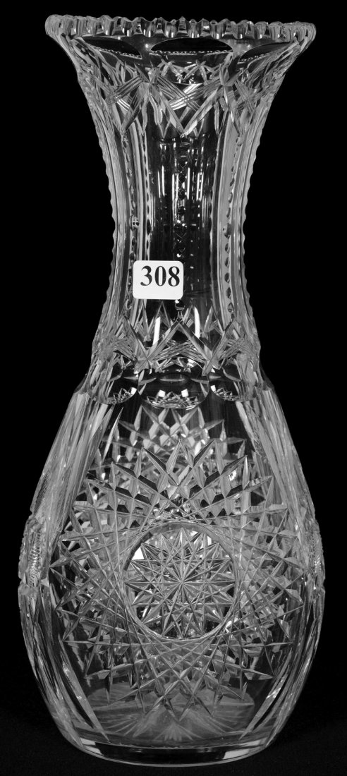 VASE, BOWLING PIN - 12" X 5": VASE, BOWLING PIN - 12" X 5" VERSION OF ANONA PATTERN BY PAIRPOINT - THIS VERSION FEATURES HOBSTARS IN WHAT WOULD TYPICALLY BE A BLANK AREA - ANONA PATTERN SHOWN IN PAIRPOINT CATALOG REPRINT, PAGE 165