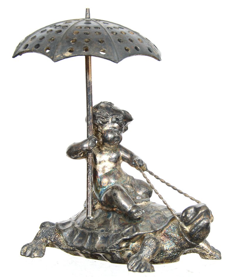 4" X 3 3/4" MARKED PAIRPOINT FIGURAL SILVERPLATE: 4" X 3 3/4" MARKED PAIRPOINT FIGURAL SILVERPLATE TOOTHPICK HOLDER CHERUB HOLDING UMBRELLA WHILE RIDING TURTLE