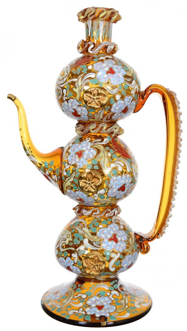 13" SPANISH ART GLASS PEDESTAL DECANTER: 13" SPANISH ART GLASS PEDESTAL DECANTER BODY CONSISTS OF THREE VERTICAL GLOBES - HEAVILY ENAMELED DEER AND FLORAL DECORATION - ARTIST SIGNED - EXACT STYLE FEATURED IN MOSER BOOK