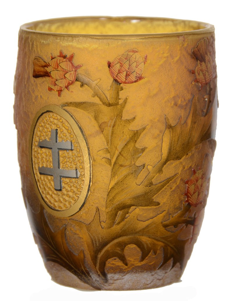 2" X 1 1/2" SIGNED DAUM NANCY FRENCH CAMEO ART GLASS: 2" X 1 1/2" SIGNED DAUM NANCY FRENCH CAMEO ART GLASS TOOTHPICK HOLDER/CORDIAL TEXTURED AMBER OPALESCENT BACKGROUND WITH RED THISTLES AND GREEN THORNY FOLIAGE - GOLD MEDALLION WITH SILVER CROSS OF LORR
