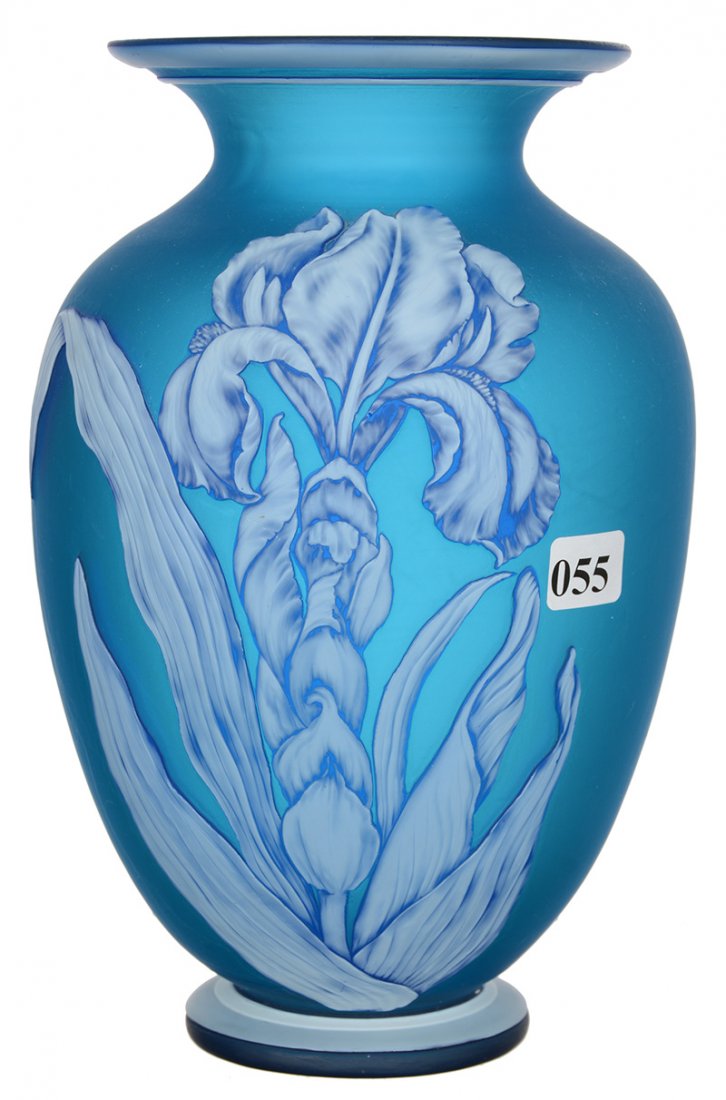 9" X 5 1/2" SIGNED "THOMAS WEBB & SONS" ENGLISH CAMEO: 9" X 5 1/2" SIGNED "THOMAS WEBB & SONS" ENGLISH CAMEO VASE BEAUTIFUL BLUE BACKGROUND WITH CAMEO CARVED WHITE IRIS OVERLAY - BUTTERFLY ON REVERSE SIDE - EXCELLENT CONDITION