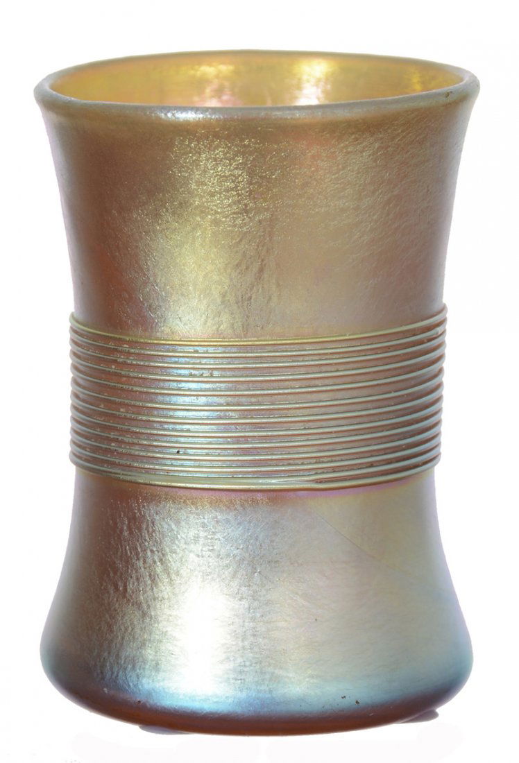 1 3/4" X 1 1/4" SIGNED "L.C.T. #T9102" ART GLASS: 1 3/4" X 1 1/4" SIGNED "L.C.T. #T9102" ART GLASS TOOTHPICK HOLDER CORSET SHAPE - GOLD IRIDESCENT WITH APPLIED THREADED DECOR