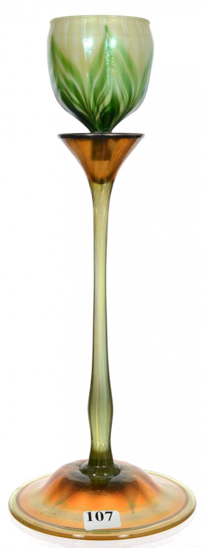 12 1/4" SIGNED "LCT" DECORATED ART GLASS LONG STEMMED: 12 1/4" SIGNED "LCT" DECORATED ART GLASS LONG STEMMED CANDLE CUP HOLDER REMOVABLE PULLED FEATHER DECORATED "CUP" - SEE PHOTO FOR ADDITIONAL DETAILS - CANDLE CUP HAS INTERIOR CRACK RUNNING FROM MIDWAY