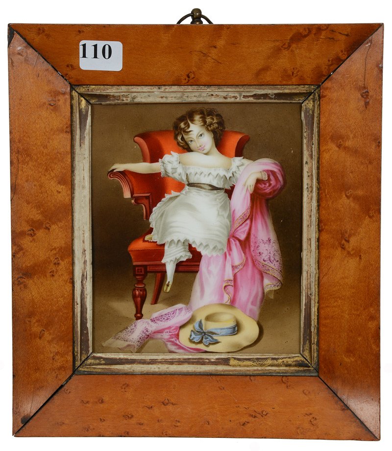 6" X 5" UNMARKED HANDPAINTED PORCELAIN TILE: 6" X 5" UNMARKED HANDPAINTED PORCELAIN TILE FEATURES YOUNG GIRL SEATED IN CHAIR - SET IN 8 1/2" X 7 1/2" BIRDS EYE MAPLE FRAME - BACK OF TILE IS GLAZED - EDGES OF TILE "CHIP CUT"