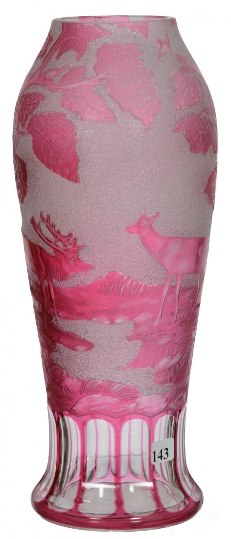 13 3/4" CARVED CAMEO ART GLASS VASE: 13 3/4" CARVED CAMEO ART GLASS VASE CARVED CRANBERRY TO CLEAR SCENE OF STAG, GAME BIRD, SQUIRREL AND TREE - TOP RIM POSSIBLY TRIMMED DOWN - PLEASE NOTE: THIS ITEM HAS A FAKE STEUBEN MARK
