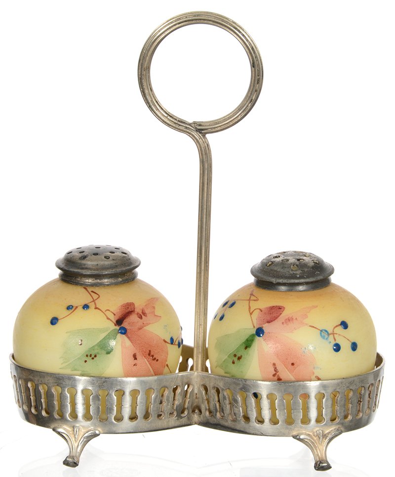 5 1/2" X 4 1/2" MT. WASHINGTON BALL SHAPED ART GLASS: 5 1/2" X 4 1/2" MT. WASHINGTON BALL SHAPED ART GLASS SALT & PEPPER SHAKERS SHAKERS ARE YELLOW WITH LEAF AND BERRY DECOR - SET ON PAIRPOINT #789 SILVERPLATE FRAME