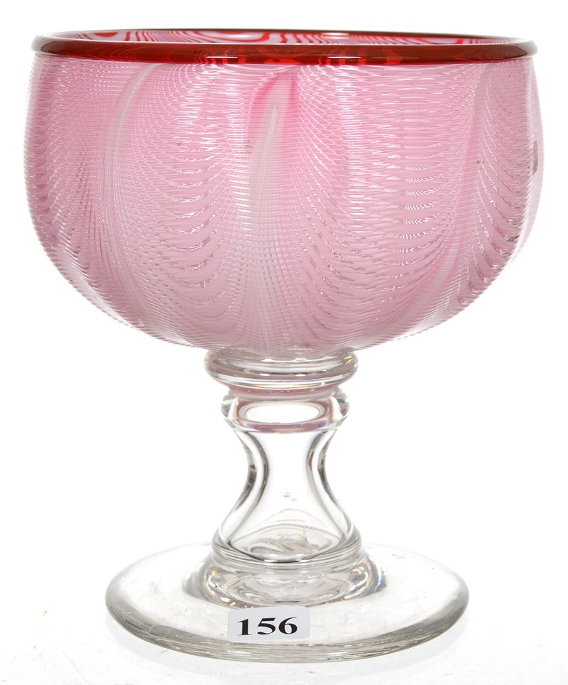 6 1/2" X 5 1/2" PINK AND WHITE NAILSEA DESIGN LARGE: 6 1/2" X 5 1/2" PINK AND WHITE NAILSEA DESIGN LARGE CHALICE APPLIED CRANBERRY - HOLLOW STEM - CLEAR BASE