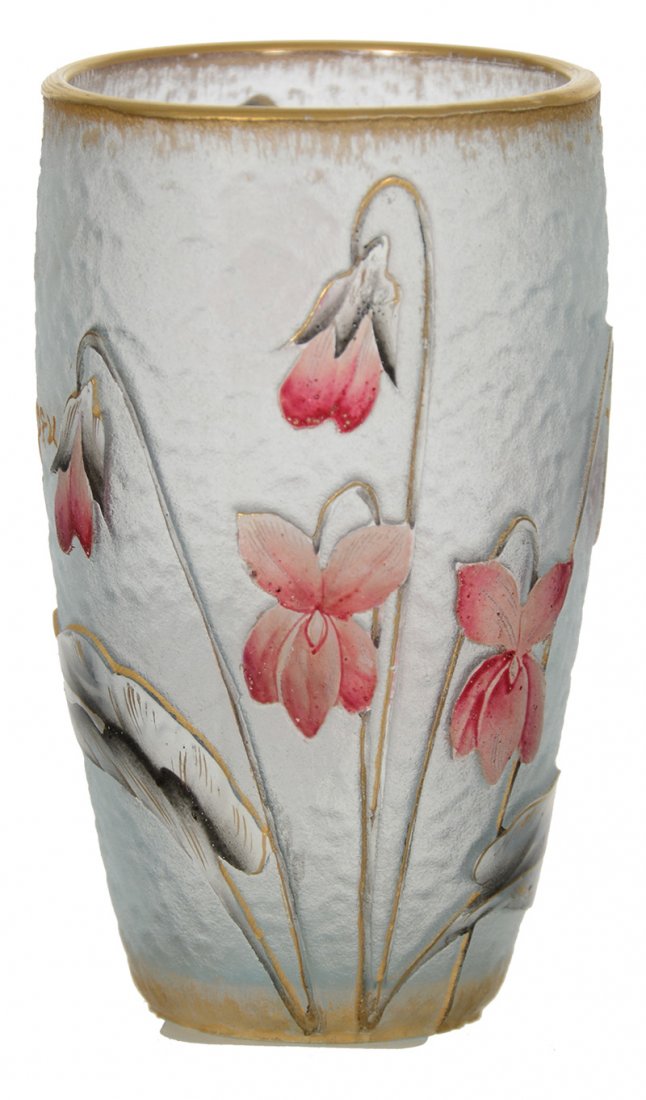 2 1/4" X 1 1/4" SIGNED DAUM NANCY FRENCH CAMEO ART: 2 1/4" X 1 1/4" SIGNED DAUM NANCY FRENCH CAMEO ART GLASS TOOTHPICK HOLDER/CORDIA OPALESCENT TEXTURED BACKGROUND WITH PINK FLORAL AND BLACK LEAF CAMEO CARVED DECOR - FRENCH INSCRIPTION "PAIX ET PEU"