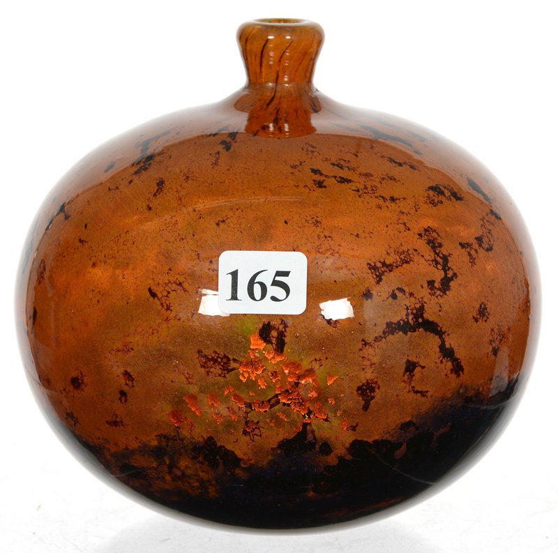 5 1/2" X 5 1/2" SIGNED DAUM NANCY (MADE IN FRANCE): 5 1/2" X 5 1/2" SIGNED DAUM NANCY (MADE IN FRANCE) CASED ART GLASS VASE BALL SHAPE - BROWN AND LAVENDER MOTTLED DESIGN WITH ORANGE MICA HIGHLIGHTS