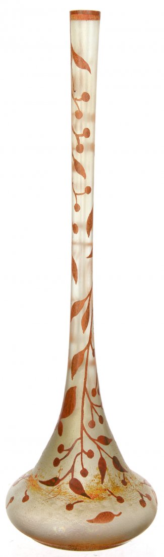 9 1/2" SIGNED DAUM NANCY FRENCH CAMEO ART GLASS STICK: 9 1/2" SIGNED DAUM NANCY FRENCH CAMEO ART GLASS STICK VASE FROSTED BACKGROUND WITH CAMEO CARVED ORANGE LEAF, BERRY AND BUTTERFLY DECOR