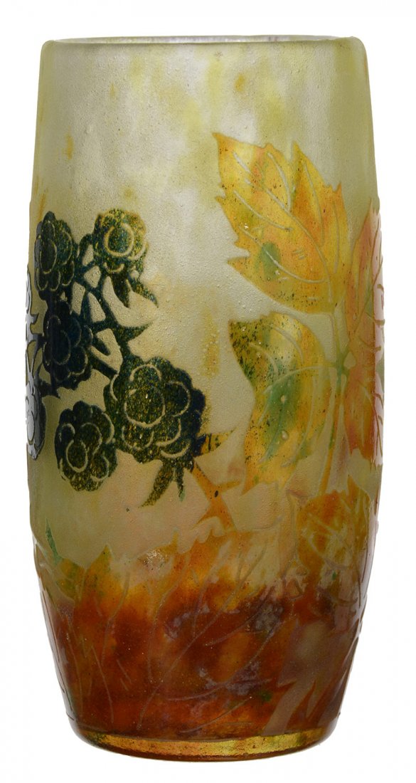 4 3/4" SIGNED DAUM NANCY FRENCH CAMEO ART GLASS VASE: 4 3/4" SIGNED DAUM NANCY FRENCH CAMEO ART GLASS VASE WHITE AND GREEN MOTTLED BACKGROUND WITH CAMEO CARVED BROWN AND BLUE LEAF AND BLOSSOM DECOR