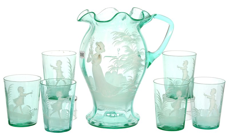 MARY GREGORY ART GLASS WATER SET: MARY GREGORY ART GLASS WATER SET PALE GREEN RUFFLED 9 3/4" PITCHER WITH WOMAN HOLDING VASE SCENIC DECOR - (6) 4" TUMBLERS WITH BOY & GIRL PLAYING