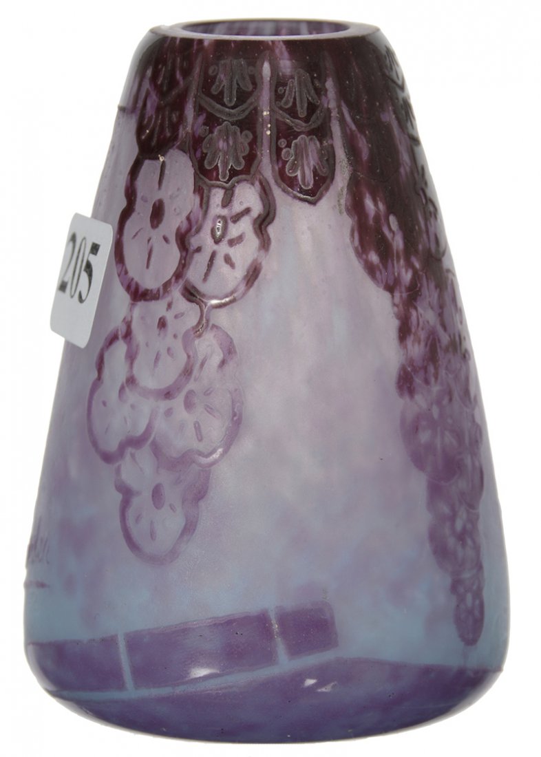 3 1/2" SIGNED "CHARDER" FRENCH CAMEO ART GLASS CONICAL: 3 1/2" SIGNED "CHARDER" FRENCH CAMEO ART GLASS CONICAL VASE BLUE, WHITE AND PINK MOTTLED WITH CAMEO CARVED LAVENDER FLORAL OVERLAY