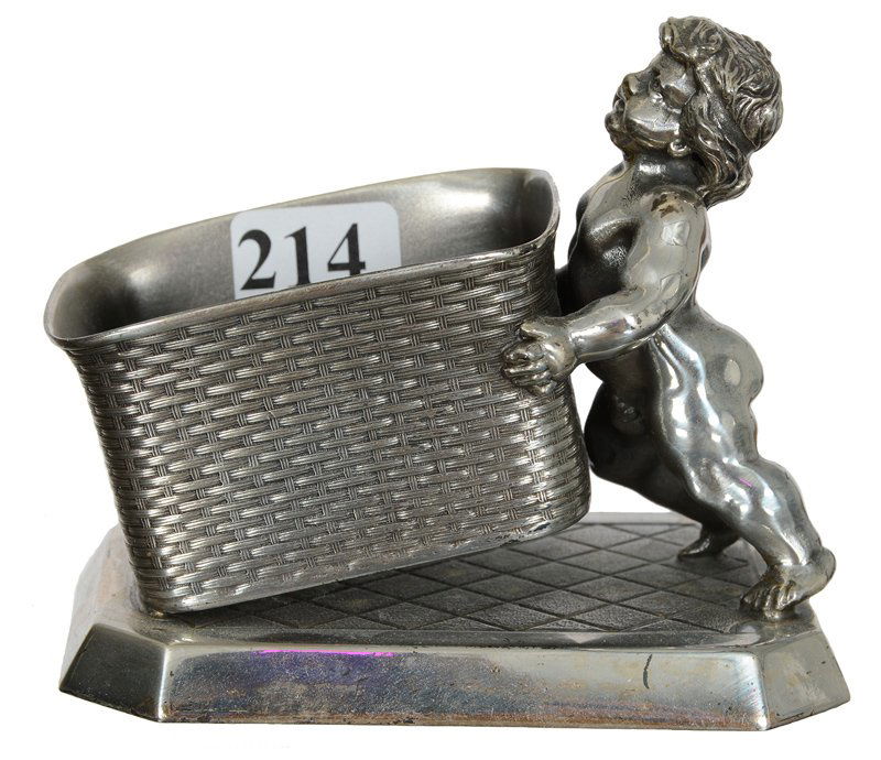 3 1/2" X 4" TUFTS SILVERPLATE FIGURAL TOOTHPICK HOLDER: 3 1/2" X 4" TUFTS SILVERPLATE FIGURAL TOOTHPICK HOLDER NAKED CHILD PUSHING BASKET