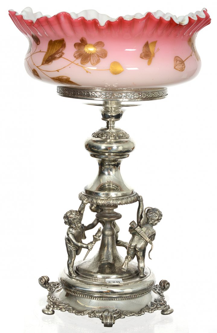 15 1/2" X 10 1/2" BRIDES BASKET: 15 1/2" X 10 1/2" BRIDES BASKET PEACHBLOW ART GLASS RUFFLED BOWL WITH GOLD ENAMEL BLOSSOM DECOR - SET ON DERBY SILVERPLATE STAND FEATURING THREE CHERUBS