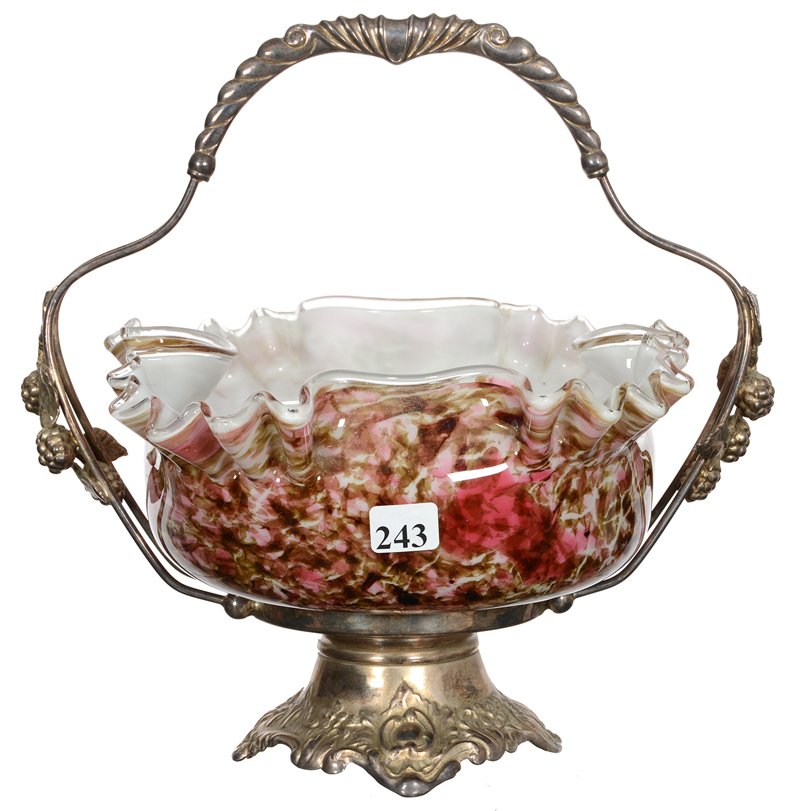 10" X 10" BRIDES BASKET: 10" X 10" BRIDES BASKET PINK AND GREEN MOTTLED CASED SQUARE ART GLASS BOWL - SET ON PAIRPOINT #4736 SILVERPLATE FRAME