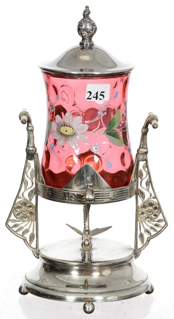 10 1/2" PICKLE CASTOR: 10 1/2" PICKLE CASTOR CRANBERRY COINSPOT ART GLASS INSERT WITH ENAMEL FLORAL DECOR - SET ON PAIRPOINT #1303 SILVERPLATE FRAME