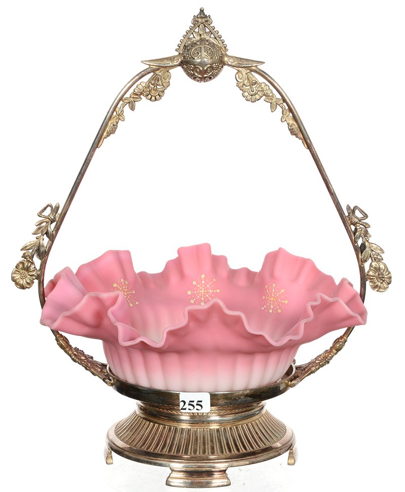 13 1/2" X 11 1/2" BRIDES BASKET: 13 1/2" X 11 1/2" BRIDES BASKET GUNDERSEN PEACHBLOW ART GLASS BOWL WITH ENAMEL STAR HIGHLIGHTS - SET ON MIDDLETOWN SILVERPLATE FRAME
