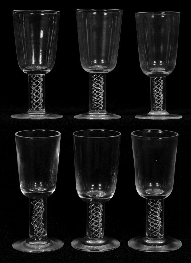 SIX PIECE SET 3 7/8" SIGNED STEUBEN CORDIAL GLASSES: SIX PIECE SET 3 7/8" SIGNED STEUBEN CORDIAL GLASSES CLEAR GLASS WITH AIR TWIST STEMS - SELLING IN ORIGINAL BOX AND POUCHES
