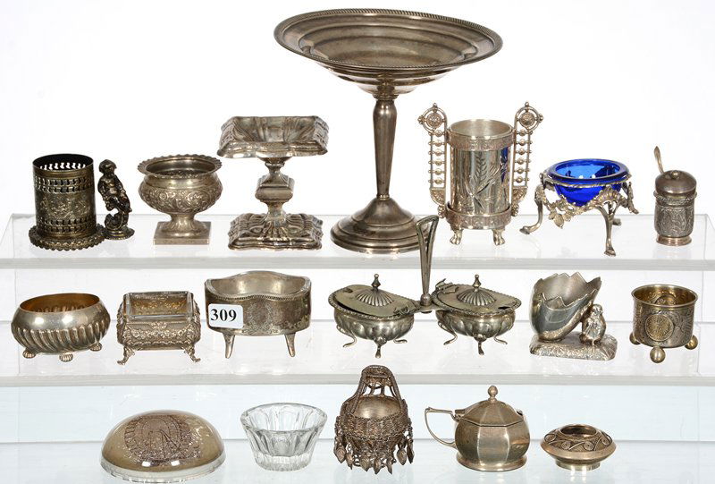 LARGE ASSORTED GROUP OF SILVER ITEMS: LARGE ASSORTED GROUP OF SILVER ITEMS (10) SILVER SALT DIPS - (3) TOOTHPICK HOLDERS - (1) COMPOTE - SEE PHOTO FOR DETAILS