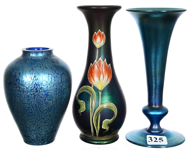 (3) IRIDESCENT ART GLASS VASES: (3) IRIDESCENT ART GLASS VASES (1) 5 1/2" SIGNED "L.C.TIFFANY-FAVRILE #1507-481K" TRUMPET VASE (FOOT REPAIR) - (1) 4 1/4" LOETZ STYLE BLUE OIL SPOT VASE (SMALL RIM CHIP) - (1) 6" IMPERIAL STYLE VASE W