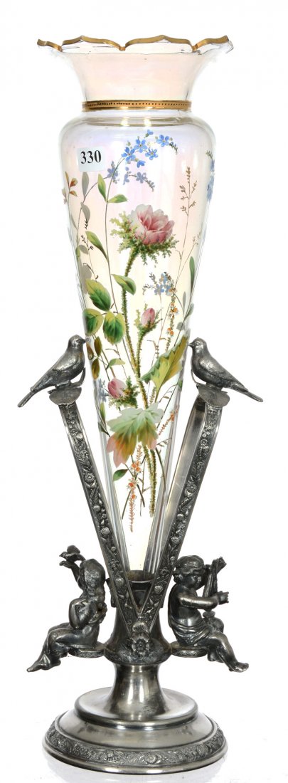 19 1/4" X 5" ART GLASS VASE: 19 1/4" X 5" ART GLASS VASE CLEAR WITH FINE ENAMEL ROSE AND FLORAL DECOR - SET IN ELABORATE REED & BARTON SILVERPLATE FRAME FEATURING CHERUB AND BIRDS