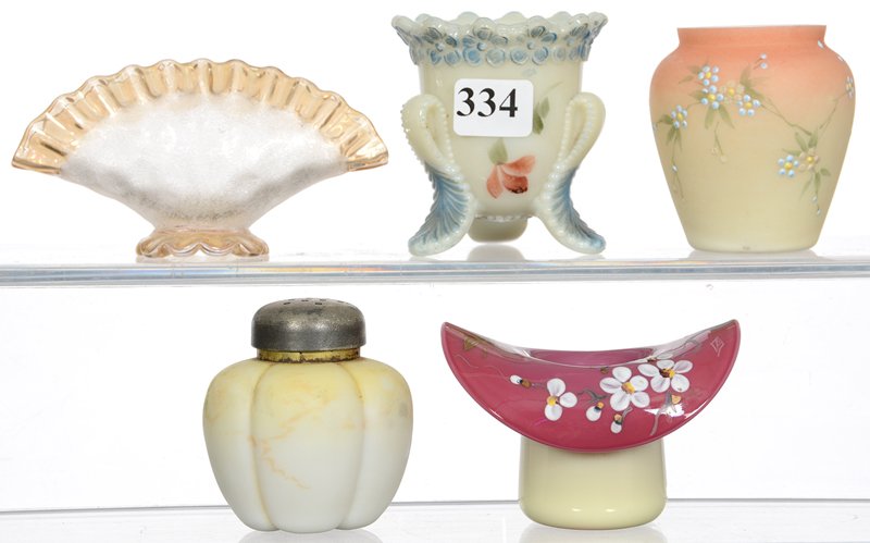 (5) ART GLASS ITEMS: (5) ART GLASS ITEMS (1) CUSTARD GLASS VERMONT PATTERN TOOTHPICK HOLDER - (1) 2 1/2" MT. WASHINGTON DECORATED BURMESE TOOTHPICK HOLDER - (1) 2 1/4" X 4 1/4" POMONA ART GLASS FAN SHAPED TOOTHPICK HOLDER