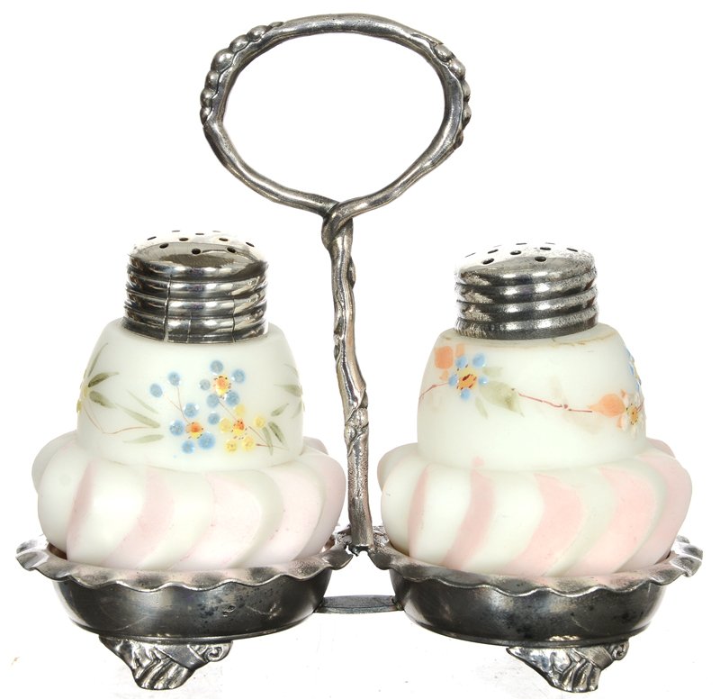 4 1/2" X 4 3/4" MT. WASHINGTON SALT & PEPPER SHAKERS: 4 1/2" X 4 3/4" MT. WASHINGTON SALT & PEPPER SHAKERS PINK AND WHITE WITH ENAMEL FLORAL DECOR AND UNIQUE FAN MOLD - SET IN PAIRPOINT #759 SILVERPLATE FRAME