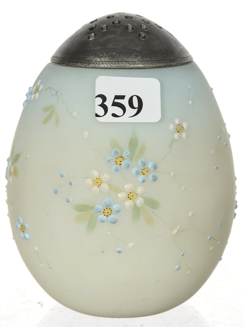 4 1/4" MT. WASHINGTON ART GLASS EGG SHAPED SUGAR SHAKER: 4 1/4" MT. WASHINGTON ART GLASS EGG SHAPED SUGAR SHAKER BLUE AND WHITE WITH BLUE AND WHITE ENAMEL FLORAL DECOR