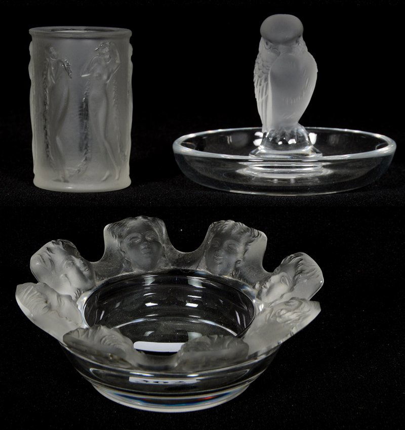(3) LALIQUE ART GLASS ITEMS: (3) LALIQUE ART GLASS ITEMS (1) 4 1/4" MARKED LALIQUE FRANCE ASH TRAY WITH EIGHT CHERUB HEADS - (1) 3" X 3 1/2" MARKED LALIQUE FRANCE BIRD ASH TRAY - (1) 2 1/2" MARKED "R. LALIQUE" TOOTHPICK HOLDER WI