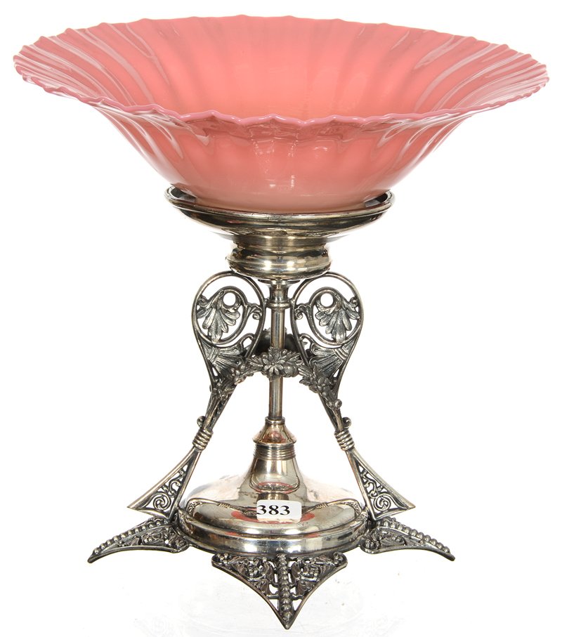 10 1/4" X 10 1/4" BRIDES BASKET: 10 1/4" X 10 1/4" BRIDES BASKET GLOSSY BURMESE FLARED ART GLASS BOWL - SET ON ROGERS & SMITH SILVERPLATE STAND - PLEASE NOTE: THIS BOWL WAS PICTURED WITH THE STAND UPSIDE DOWN - IT IS A GOOD FIT, AND 