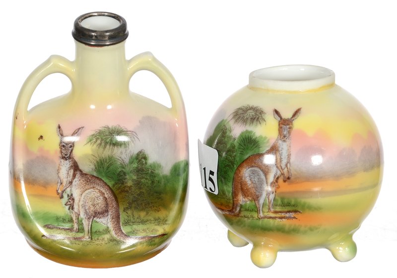 (2) ROYAL BAYREUTH (BLUE MARK) KANGAROO SCENIC ITEMS: (2) ROYAL BAYREUTH (BLUE MARK) KANGAROO SCENIC ITEMS (1) 2 1/2" BALL SHAPED TOOTHPICK HOLDER - (1) 3 1/4" TWO-HANDLED VASE WITH SILVER RIM (THUMBNAIL SIZE DECAL ON BACK SCRATCHED OFF)