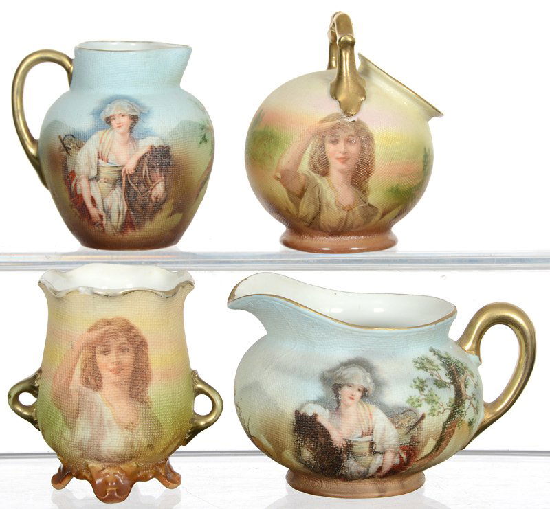 (4) ROYAL BAYREUTH SCENIC TAPESTRY ITEMS: (4) ROYAL BAYREUTH SCENIC TAPESTRY ITEMS (1) 2 3/4" CREAMER, WOMAN WITH HORSE - (1) 2 1/2" CREAMER, WOMAN WITH HORSE - (1) 3" BALL SHAPED KETTLE WITH PORTRAIT - (1) 2 1/2" TOOTHPICK HOLDER WITH PORTRA