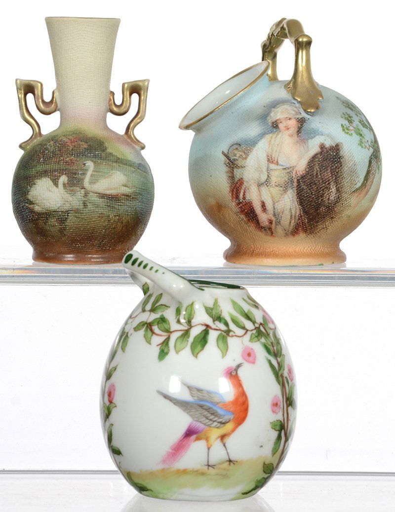 (3) ROYAL BAYREUTH ITEMS: (3) ROYAL BAYREUTH ITEMS (1) 3 1/4" TWO-HANDLED TAPESTRY VASE WITH SWAN DECOR - (1) 3 1/4" TAPESTRY BALL SHAPED TOOTHPICK HOLDER, WOMAN AND HORSE DECOR - (1) 3" EGG SHAPED HANDLED TOOTHPICK HOLDER, TR