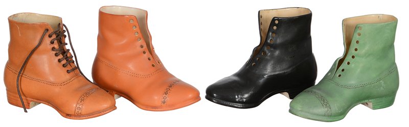 (4) 3 1/2" X 5" UNMARKED ROYAL BAYREUTH FIGURAL BOOTS: (4) 3 1/2" X 5" UNMARKED ROYAL BAYREUTH FIGURAL BOOTS ALL FROM SAME MOLD - (1) GREEN - (1) BLACK - (1) DARK TAN - (1) PALE TAN