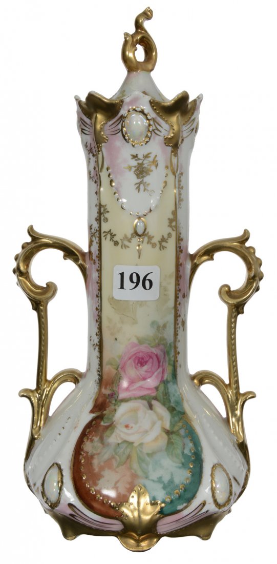 9 1/2" RSP TWO-HANDLED COVERED URN: 9 1/2" RSP TWO-HANDLED COVERED URN RIBBON AND JEWEL MODE - PINK AND WHITE ROSE DECOR - NICE GOLD - BACKGROUND WEAR AND LOSS
