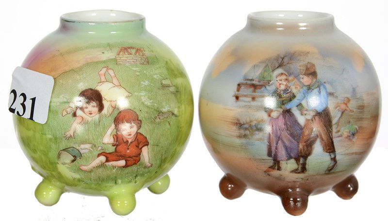(2) 2 1/2" ROYAL BAYREUTH BALL SHAPED TOOTHPICK HOLDERS: (2) 2 1/2" ROYAL BAYREUTH BALL SHAPED TOOTHPICK HOLDERS (1) DUTCH BOY & GIRL SKATING - (1) JACK AND JILL