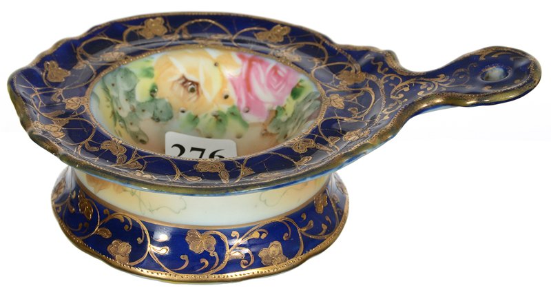 2" X 6 1/4" MARKED NIPPON (GREEN WREATH) TEA STRAINER &: 2" X 6 1/4" MARKED NIPPON (GREEN WREATH) TEA STRAINER & BASE COBALT BLUE WITH FLORAL DECOR - GOLD STENCIL HIGHLIGHTS
