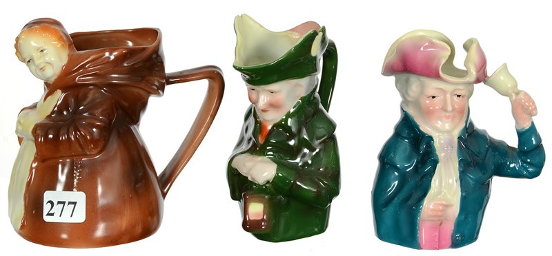 (3) ROYAL BAYREUTH (BLUE MARK) FIGURAL CREAMERS: (3) ROYAL BAYREUTH (BLUE MARK) FIGURAL CREAMERS (1) 4 1/2" LAMPLIGHTER (RIM REPAIR) - (1) 4 1/2" BELL RINGER - (1) 4 1/2" MONK