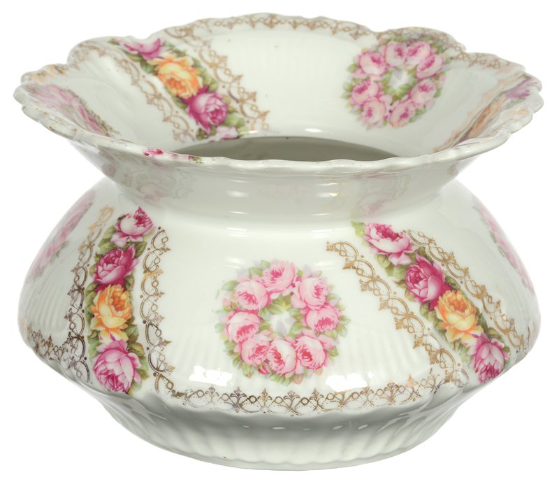 5 1/2" X 8 1/2" MARKED PROV SAXE SPITTOON: 5 1/2" X 8 1/2" MARKED PROV SAXE SPITTOON WHITE WITH PINK AND YELLOW DECOR - GOLD STENCIL HIGHLIGHTS - RIM CHIP