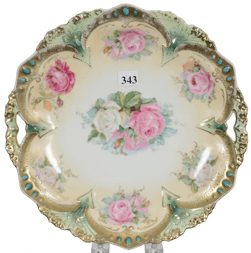 10" RSP TWO-HANDLED POINT & CLOVER MOLD CAKE PLATE: 10" RSP TWO-HANDLED POINT & CLOVER MOLD CAKE PLATE CREAM TONES WITH ROSE DECOR - PINK AND GOLD BORDER WITH BLUE JEWEL HIGHLIGHTS
