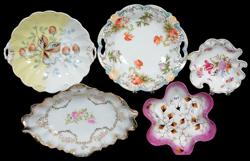 (5) ASSORTED GERMANY STYLE DISHES: (5) ASSORTED GERMANY STYLE DISHES (1) 13 3/4" MARKED C.T. BREAD BOWL - (1) 11" CAKE PLATE WITH STRAWBERRY DESIGN - (1) 11 1/4" PROV SAXE TWO HANDLED BOWL - (1) 7" PROV SAXE ODD SHAPED DISH - (1) 9" PI