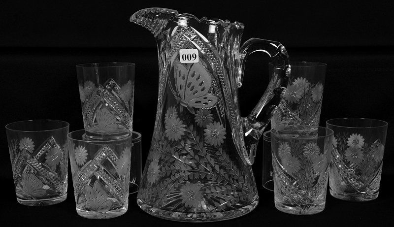 10" AMERICAN BRILLIANT CUT GLASS WATER PITCHER & (6) (1 of 4)