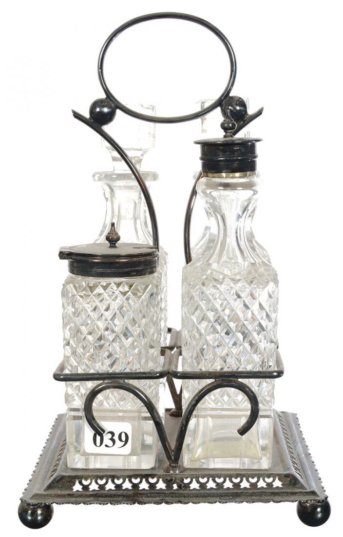 9 1/2" CUT GLASS FOUR BOTTLE CASTOR SET (1 of 3)