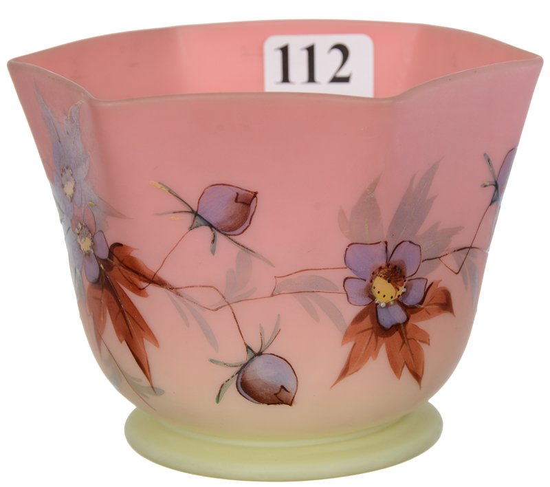 2 3/4" X 3 3/4" UNMARKED DECORATED WEBB BURMESE ART: 2 3/4" X 3 3/4" UNMARKED DECORATED WEBB BURMESE ART 2 3/4" X 3 3/4" UNMARKED DECORATED WEBB BURMESE ART GLASS SIX-SIDED BOWL