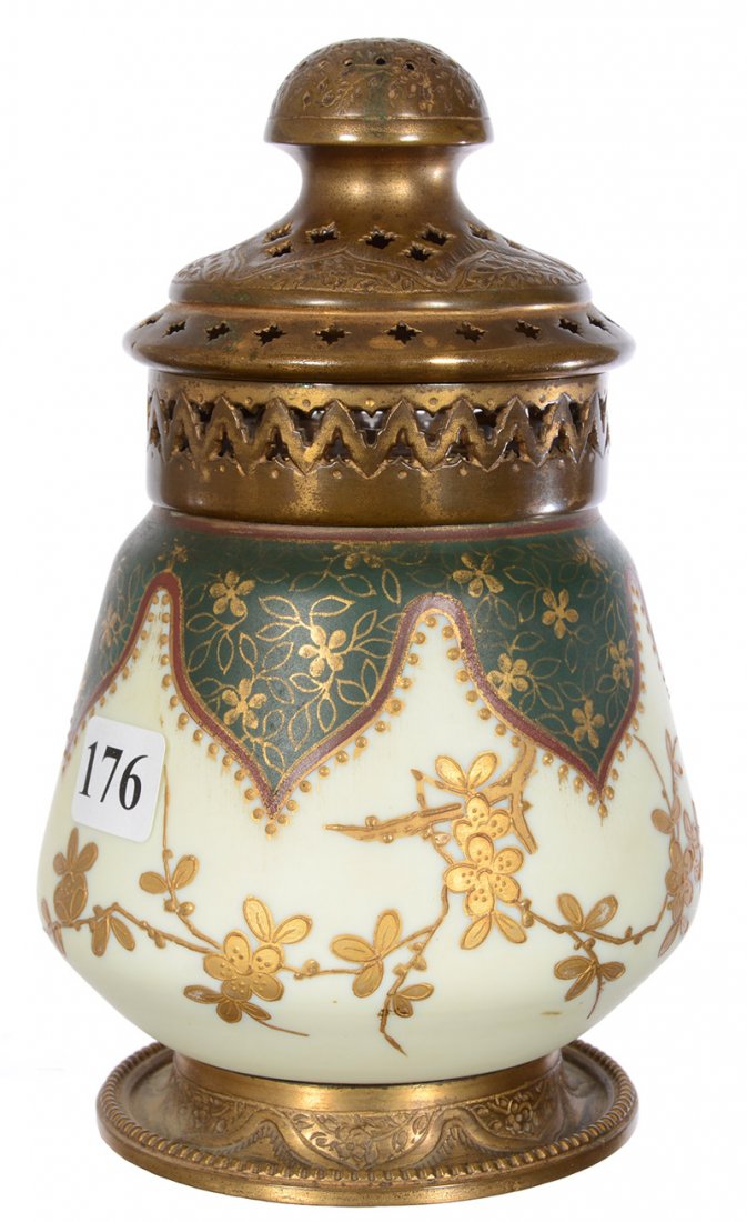 6 1/2" WEBB IVORY ART GLASS INCENSE JAR: 6 1/2" WEBB IVORY ART GLASS INCENSE JAR CREAM AND GREEN TONES WITH ENAMEL FLORAL BRANCH DECOR - GILT METAL BASE AND RETICULATED TOP - REMOVABLE LID AND HINGED INSERT