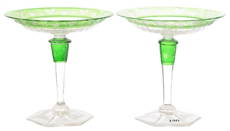 PAIR 7" X 7" SIGNED STEUBEN GREEN CUT TO CLEAR COMPOTES (1 of 3)