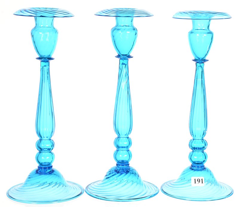 (3) 12" UNMARKED CELESTE BLUE ART GLASS CANDLESTICK (1 of 3)